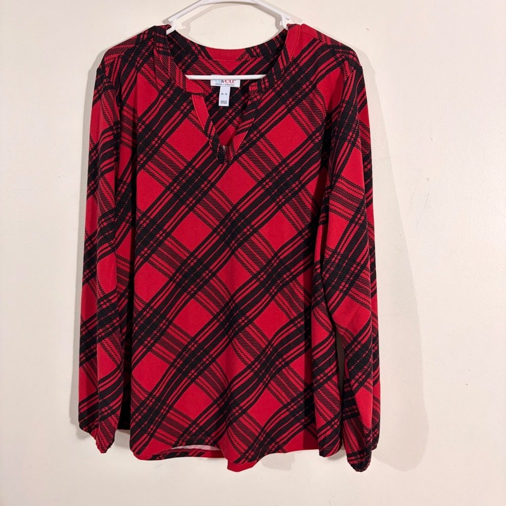 Denim & Co Plaid Top Womens XL Red Black Split Neck Sleeve A709305
